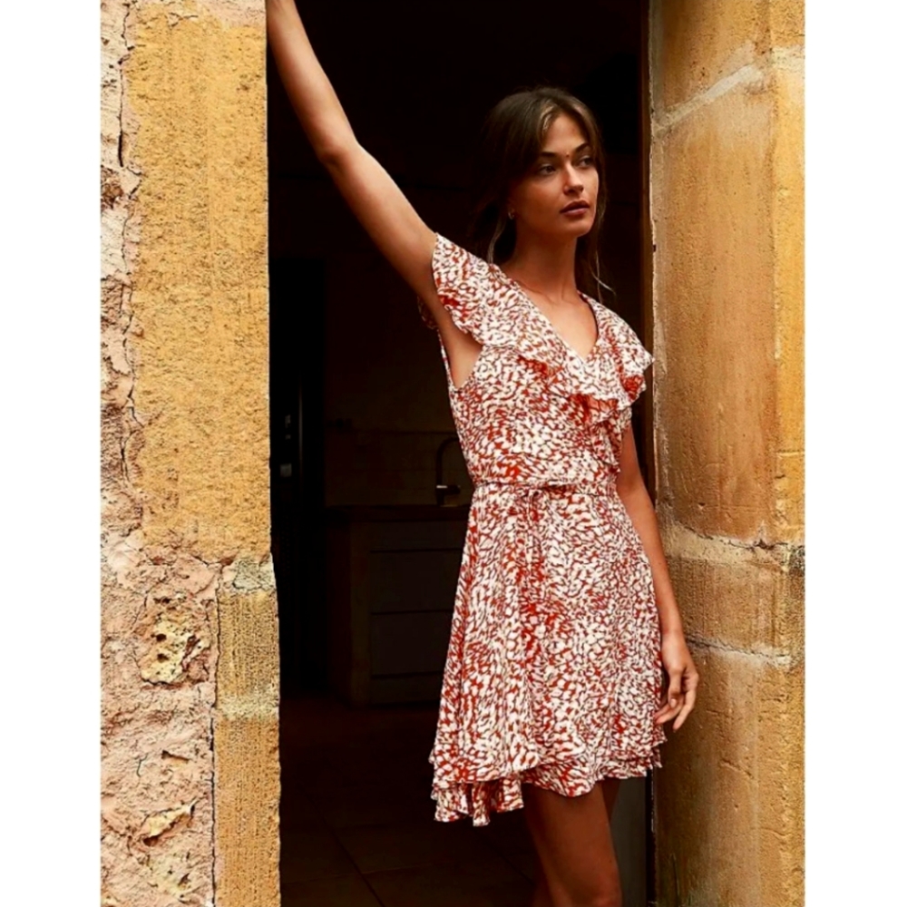 Free People Orange French Quarter Wrap Mini Ruffle Dress Shirt Sleeve Size S